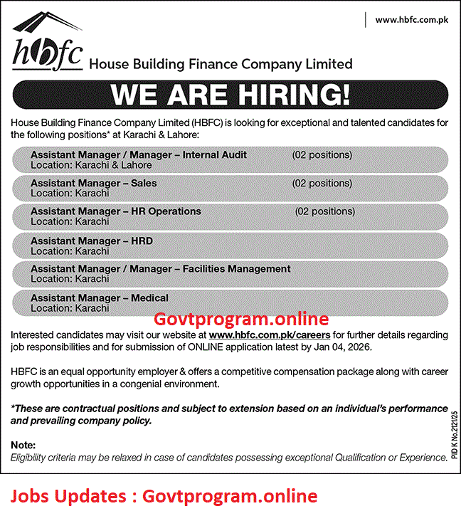 HBFC Announces Multiple Job Openings in Karachi and Lahore