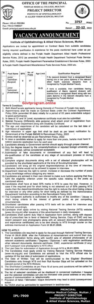 Nishter Medical College Multan Announces Contractual Job Openings