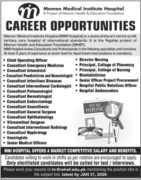 Memon Medical Institute Hospital Launches Jobs - govtprogram