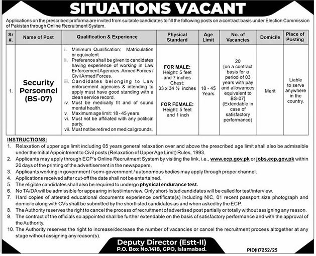 Ecp jobs Election Commission of Pakistan Security Personnel Jobs
