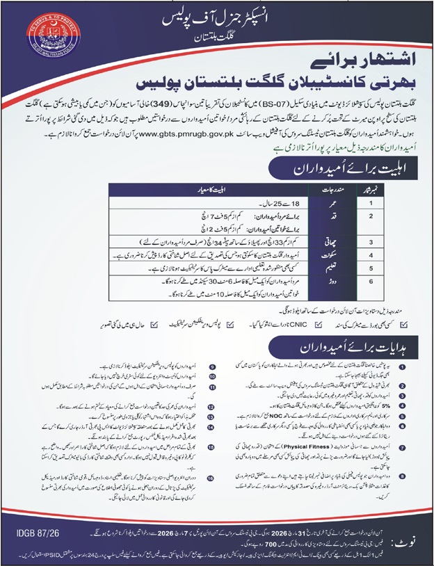 Gilgit Baltistan Police Jobs 2026
