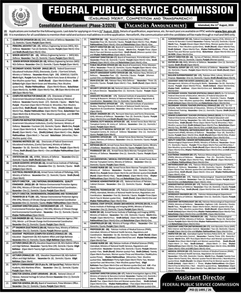 FPSC Jobs August 2026
